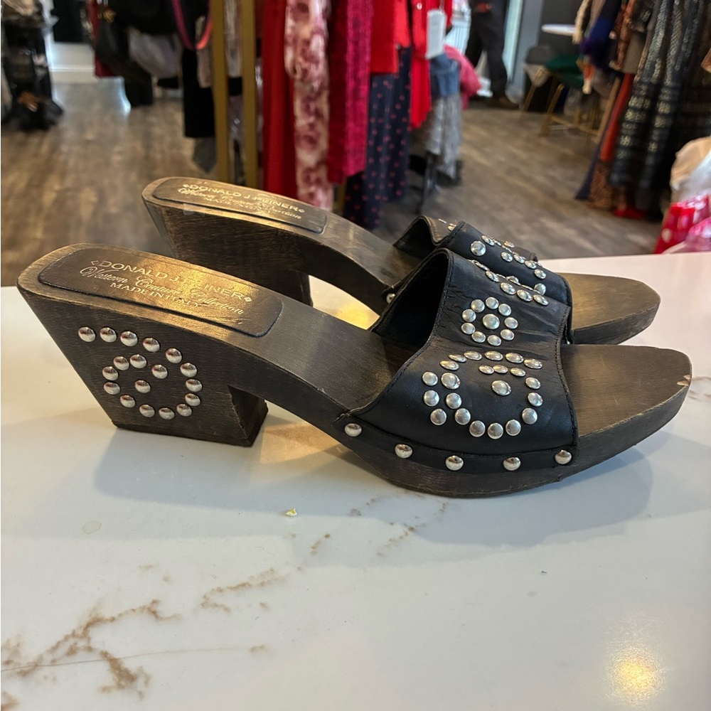 Donald J. Pliner Black Studded Wooden Platform Mules